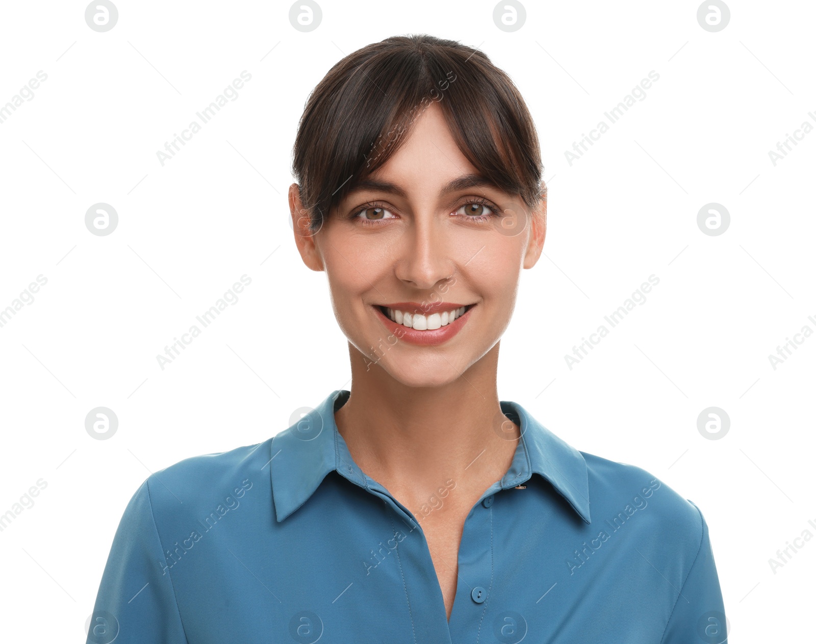 Photo of Portrait of happy secretary on white background