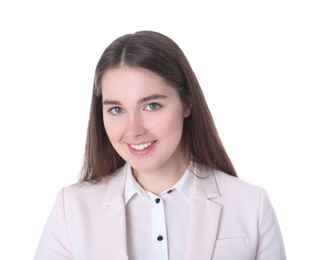 Portrait of young businesswoman on white background