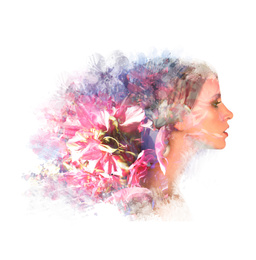 Image of Double exposure of beautiful woman and blooming flowers