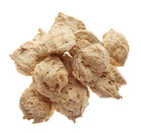 Photo of Dehydrated soy meat chunks on white background, top view