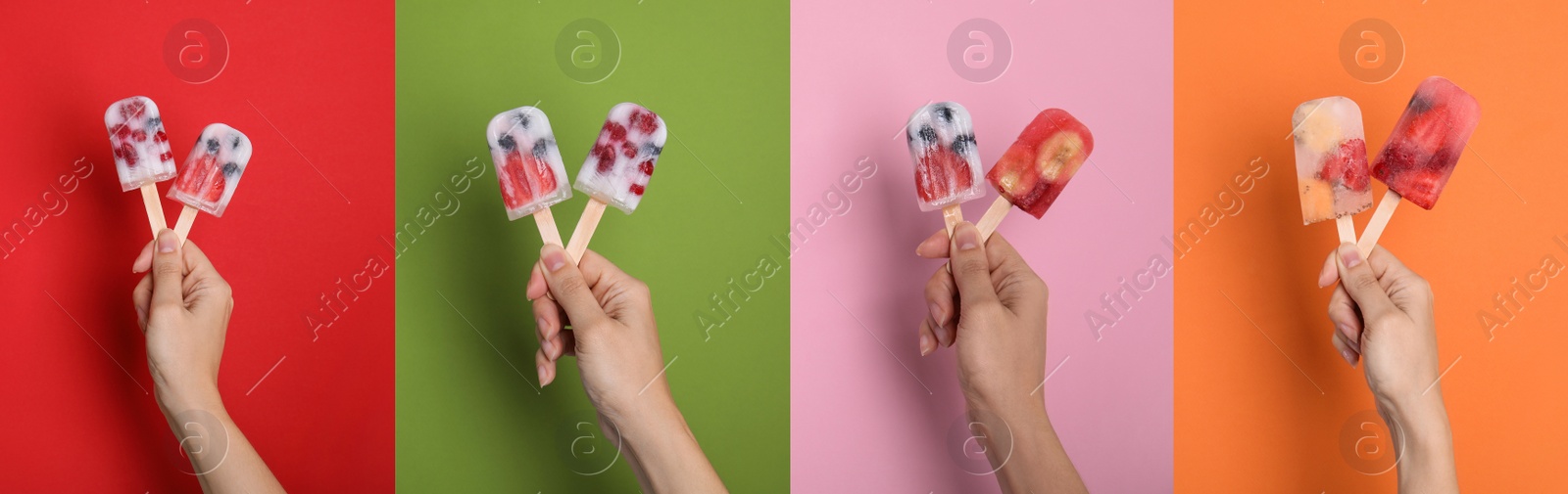 Image of Collage with photos of woman holding berry ice popsicles on different color backgrounds, closeup. Banner design