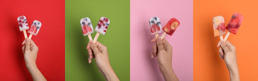 Collage with photos of woman holding berry ice popsicles on different color backgrounds, closeup. Banner design