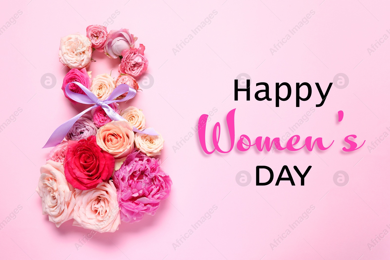 Image of 8 March - Happy International Women's Day. Greeting card design with different flowers on pink background, top view