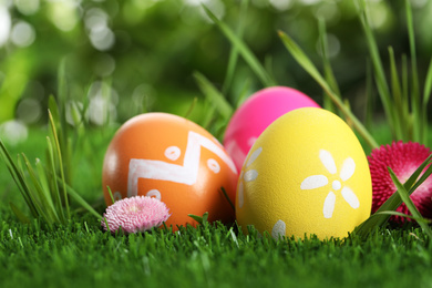 Colorful Easter eggs and daisy flower in green grass, closeup