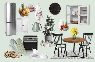 Image of Kitchen interior design. Collage with different combinable furniture and decorative elements on pale light green background