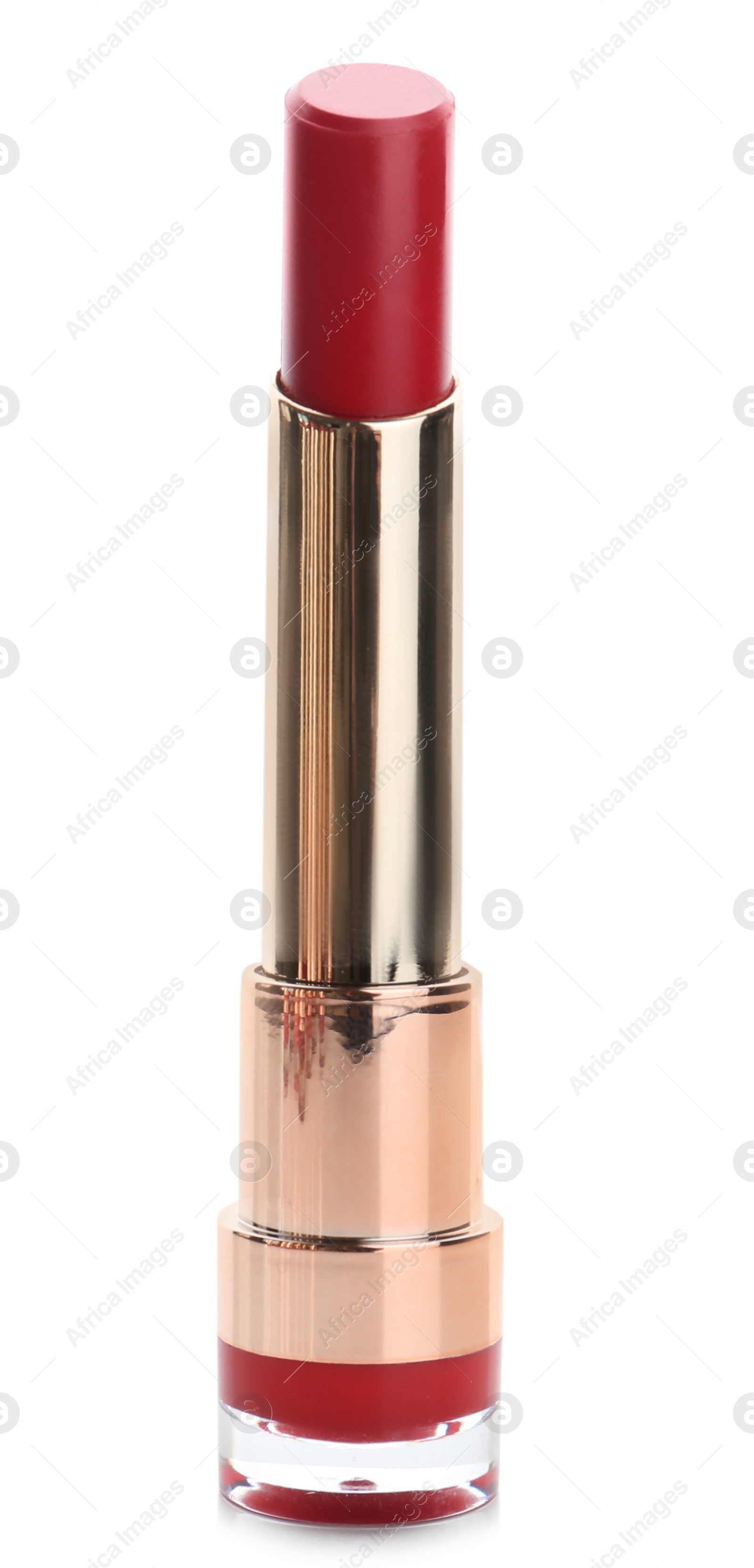 Photo of Beautiful lipstick on white background. Trendy makeup product