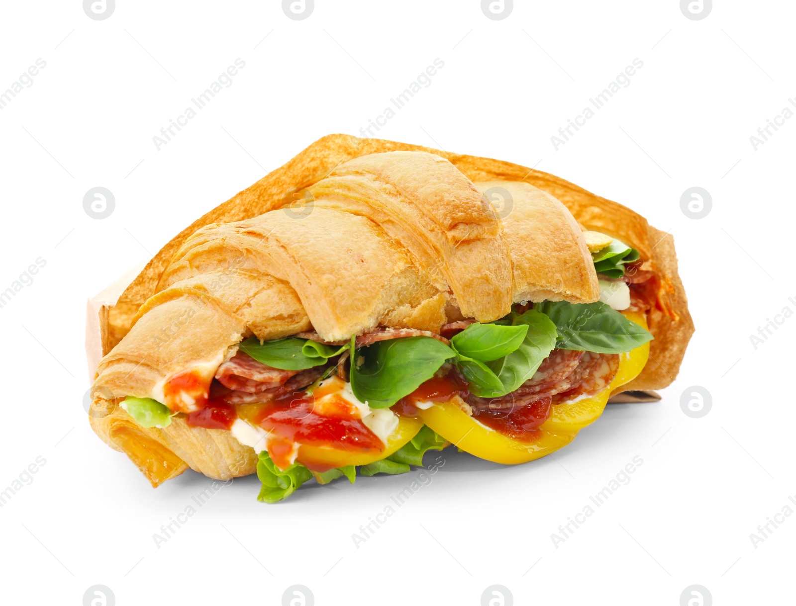 Photo of Tasty croissant sandwich with salami on white background