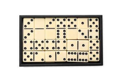 Photo of Dominoes set on white background, top view. Board game
