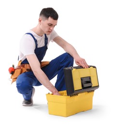 Photo of Professional repairman with tool box on white background