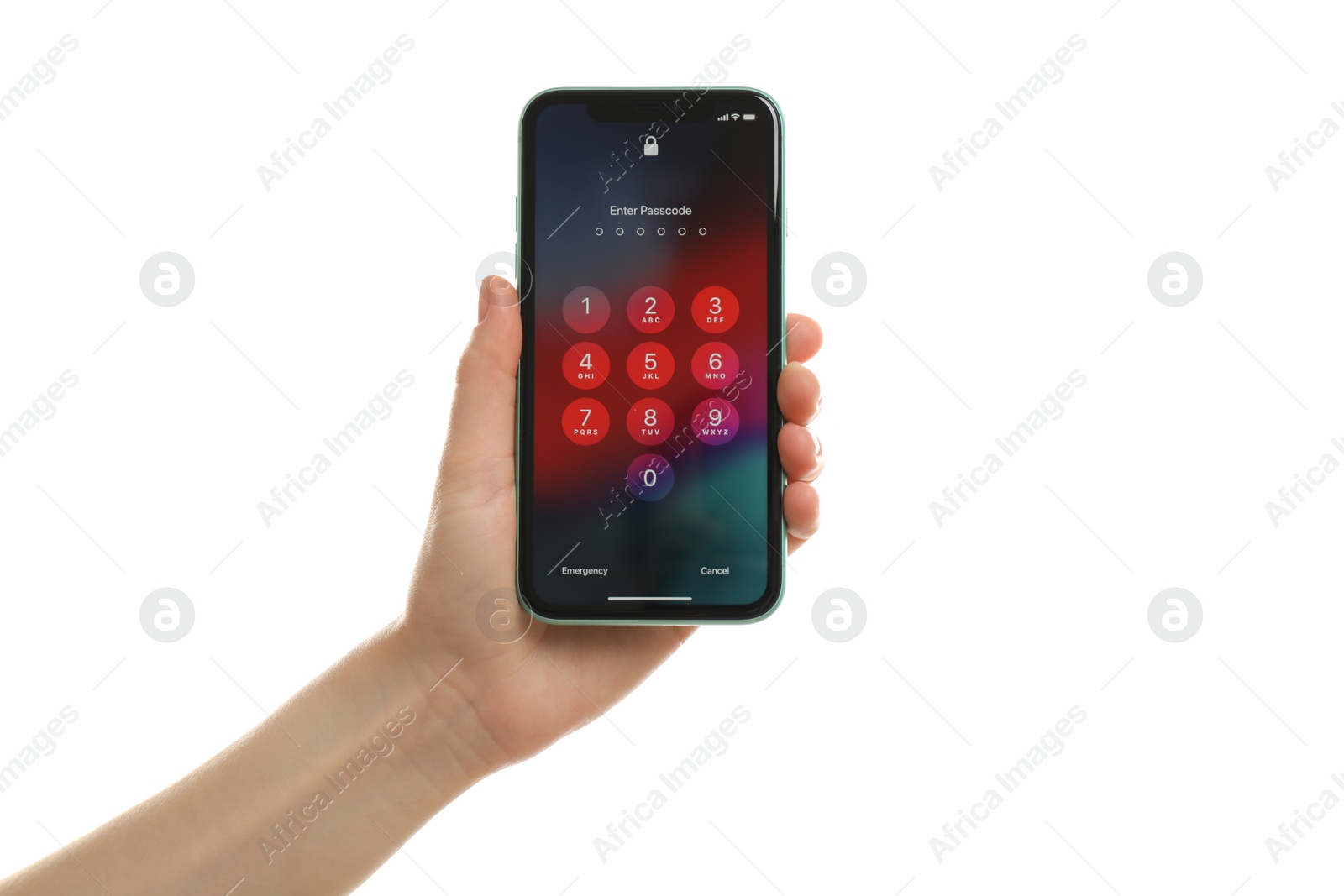 Photo of MYKOLAIV, UKRAINE - JULY 9, 2020: Woman holding  iPhone X with lock screen on white background, closeup