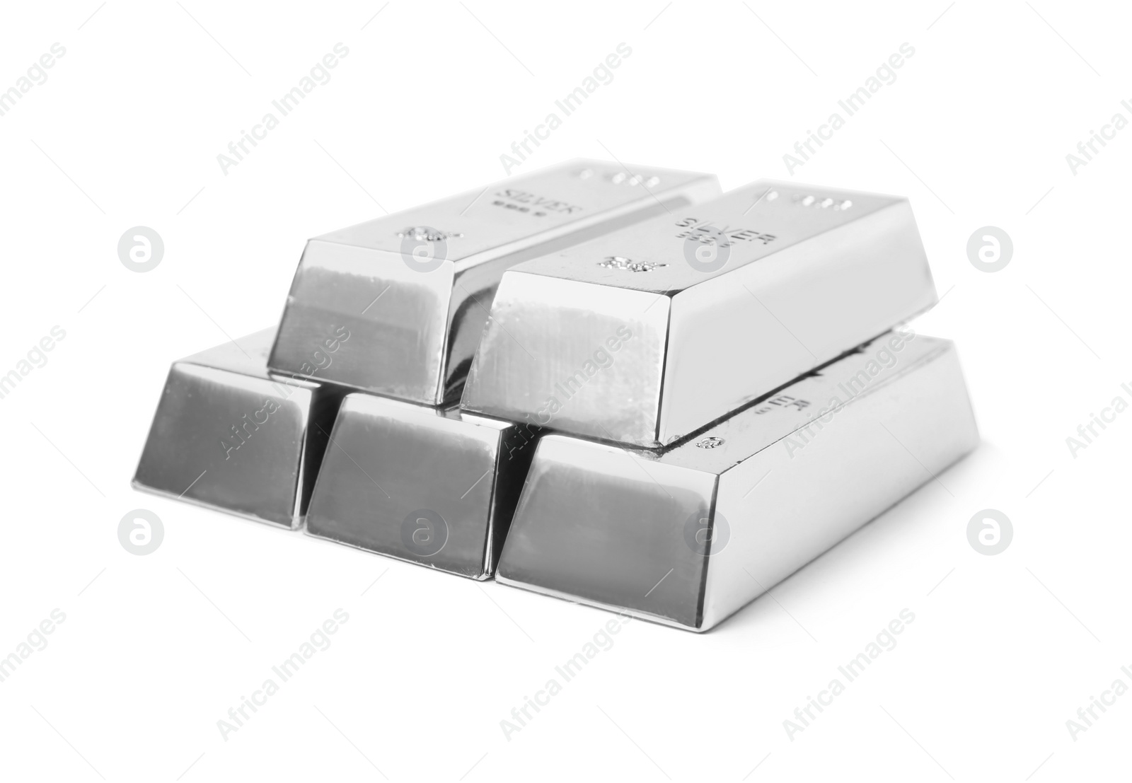 Image of Stack of shining silver bars isolated on white