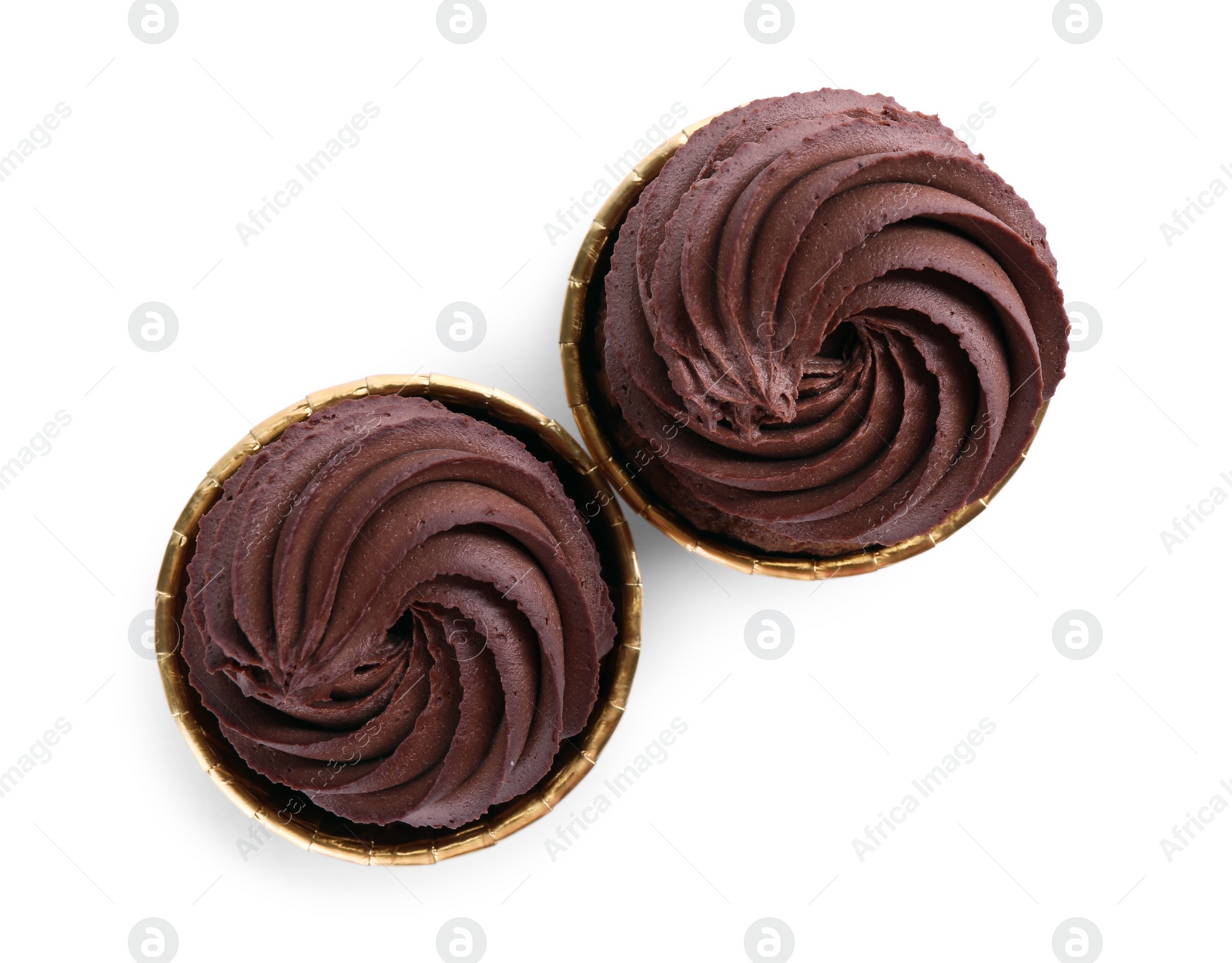 Photo of Delicious chocolate cupcakes isolated on white, top view