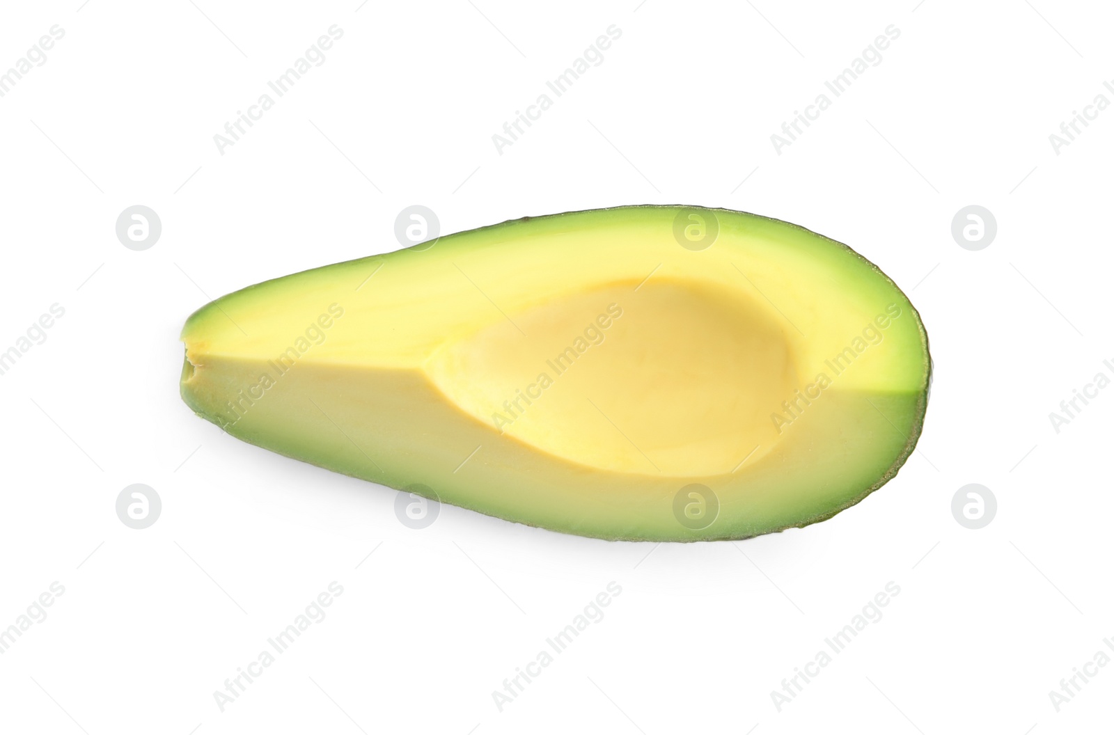 Photo of Slice of ripe avocado on white background