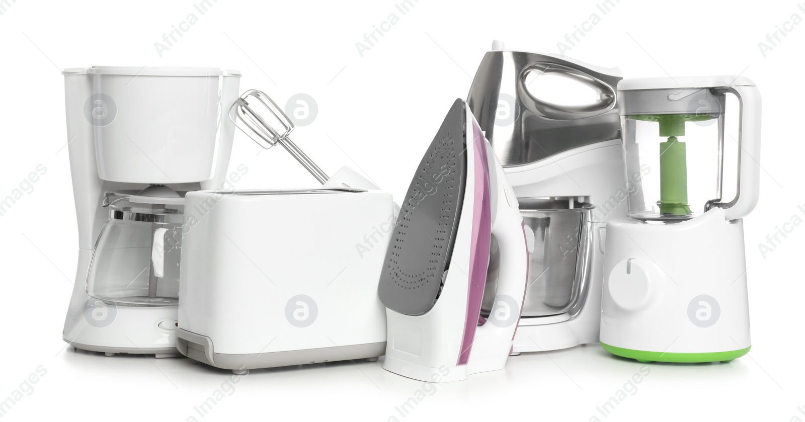 Photo of Set of modern home appliances isolated on white