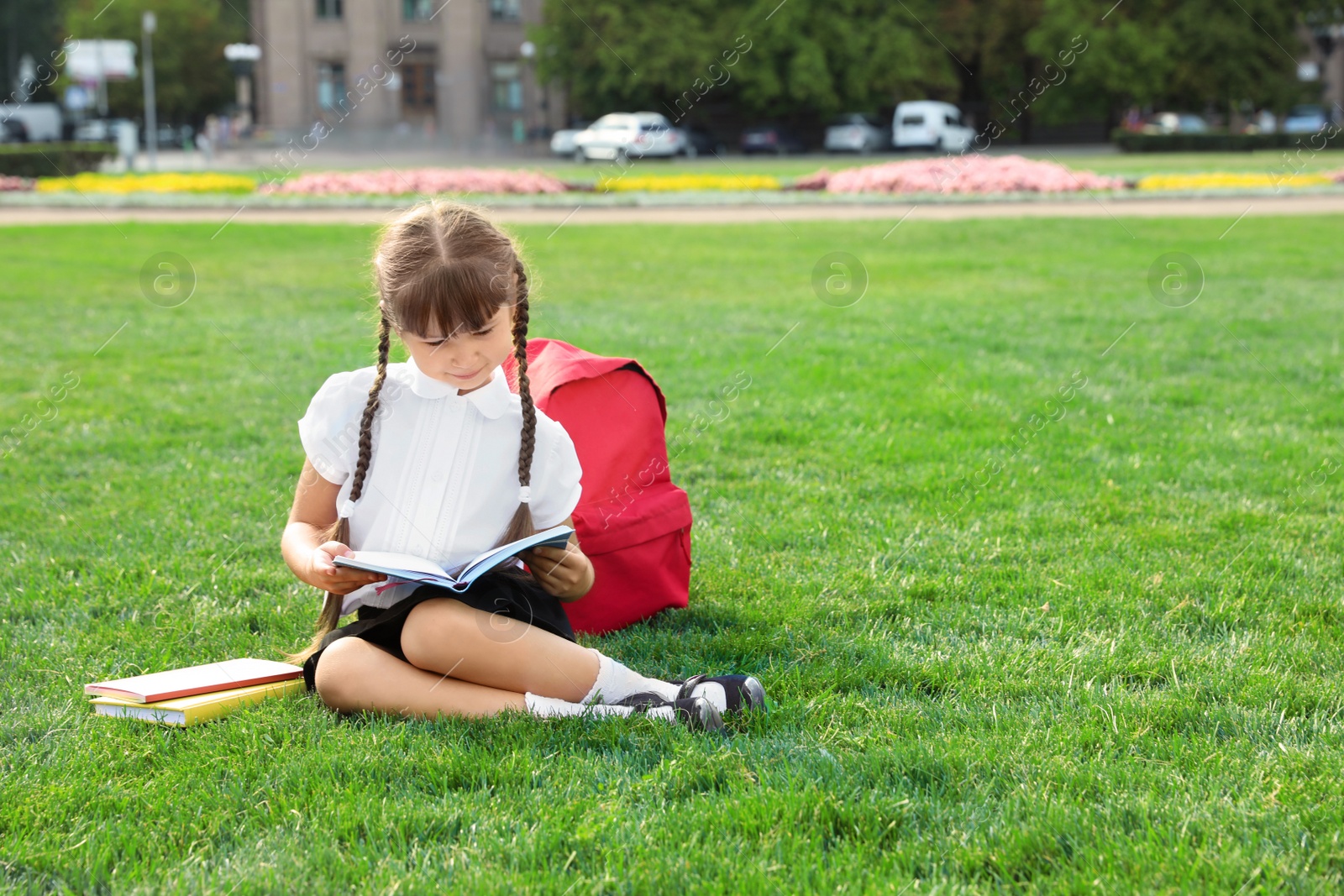 Photo of Cute girl with school stationery reading book on green lawn outdoors