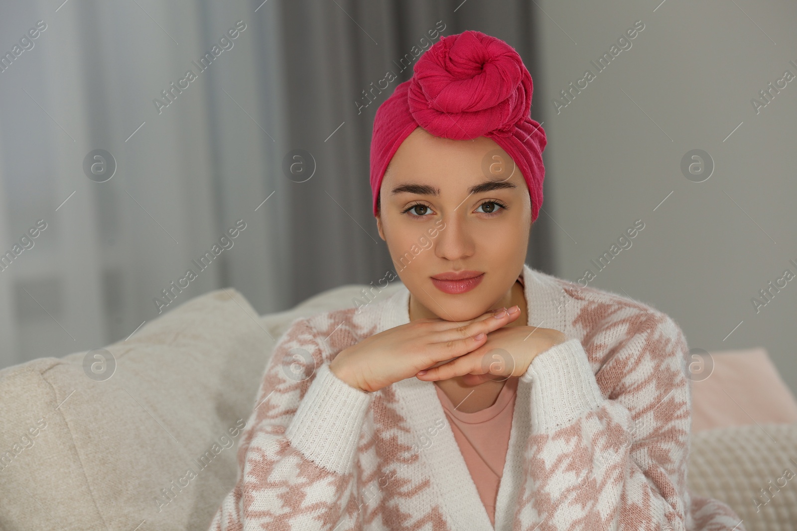 Photo of Portrait of beautiful woman with cancer indoors