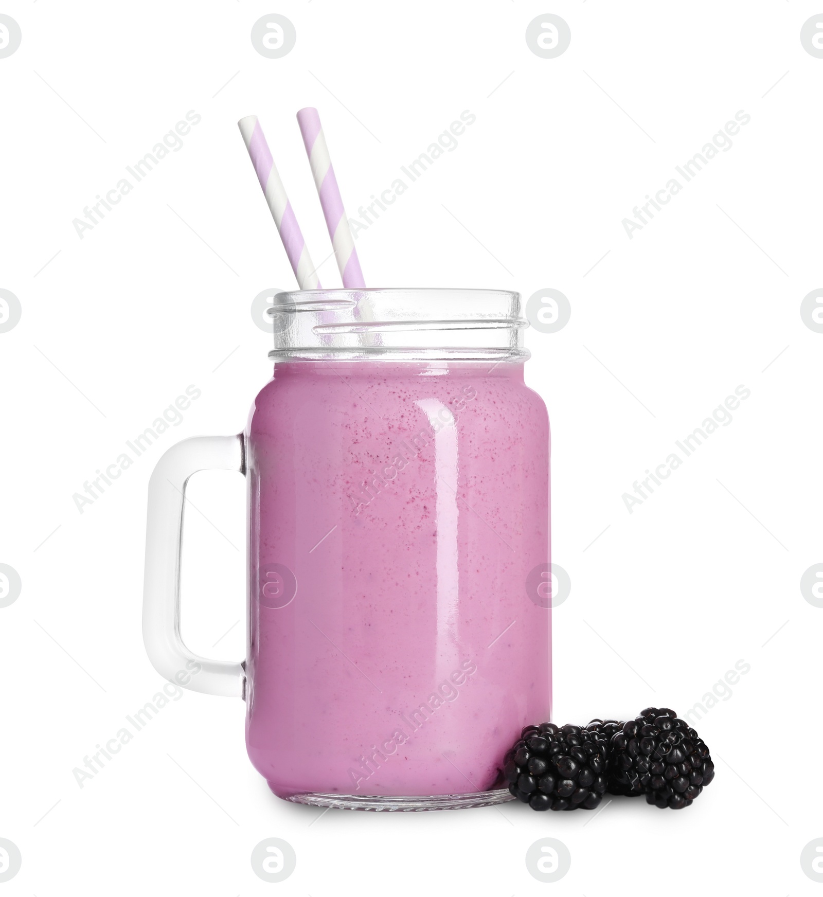 Photo of Freshly made blackberry smoothie in mason jar on white background