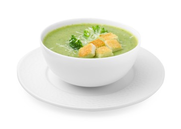 Photo of Delicious broccoli cream soup with croutons and cheese isolated on white