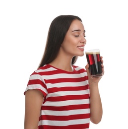 Beautiful woman with cold kvass on white background. Traditional Russian summer drink