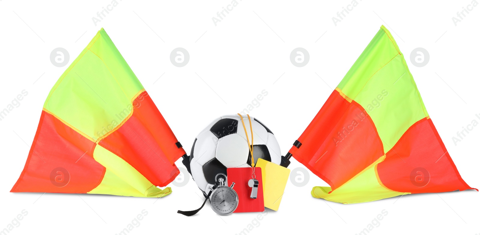 Photo of Soccer ball and different referee equipment isolated on white