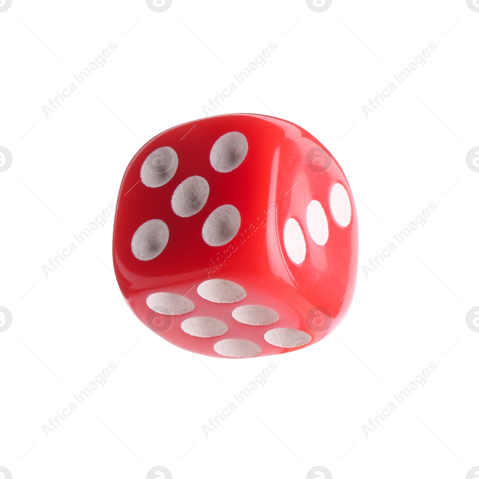 Photo of One red game dice isolated on white