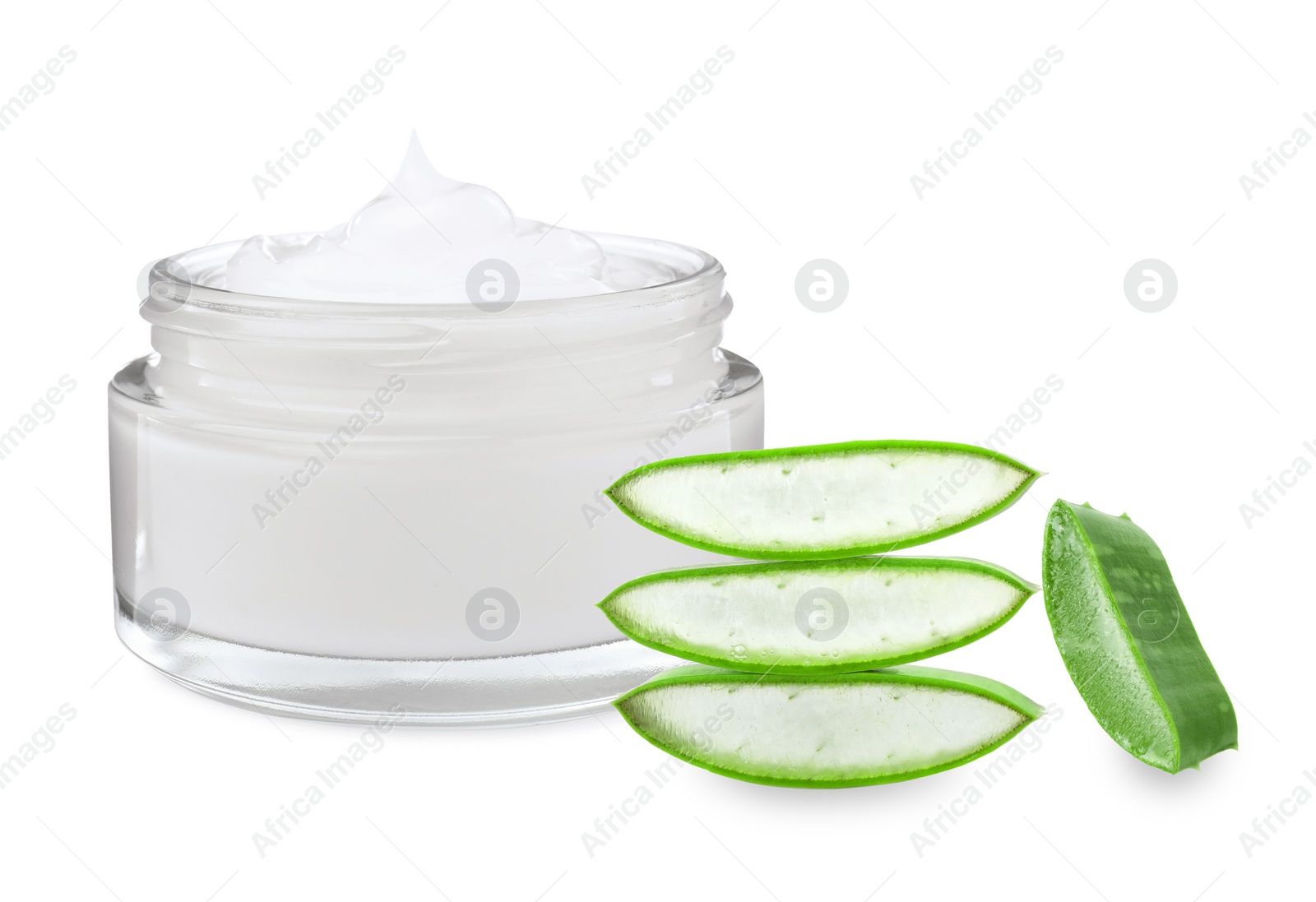 Image of Moisturizing cream with extract of aloe vera. Jar and cut green aloe leaves on white background