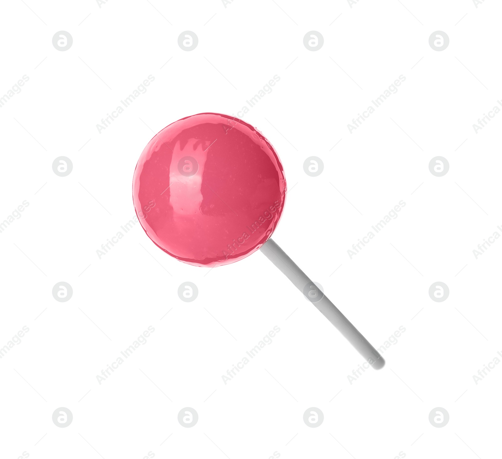 Photo of Tasty pink lollipop isolated on white. Confectionery product