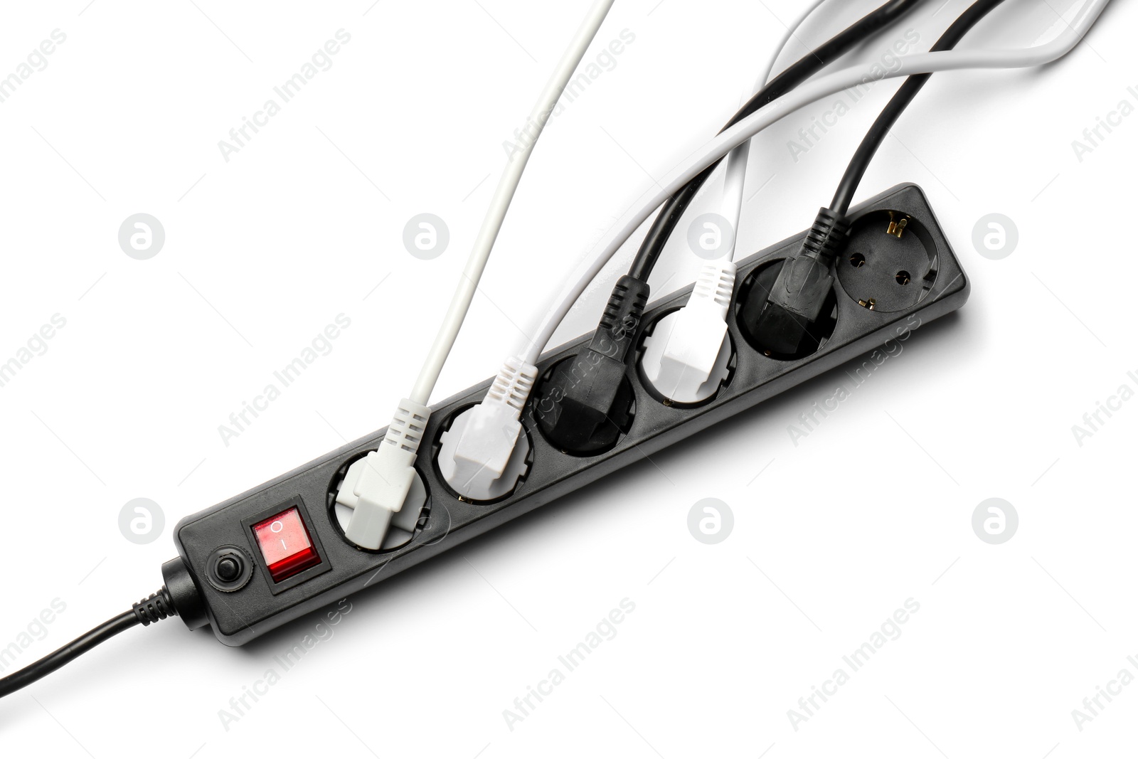 Photo of Extension cord on white background, top view. Electrician's professional equipment