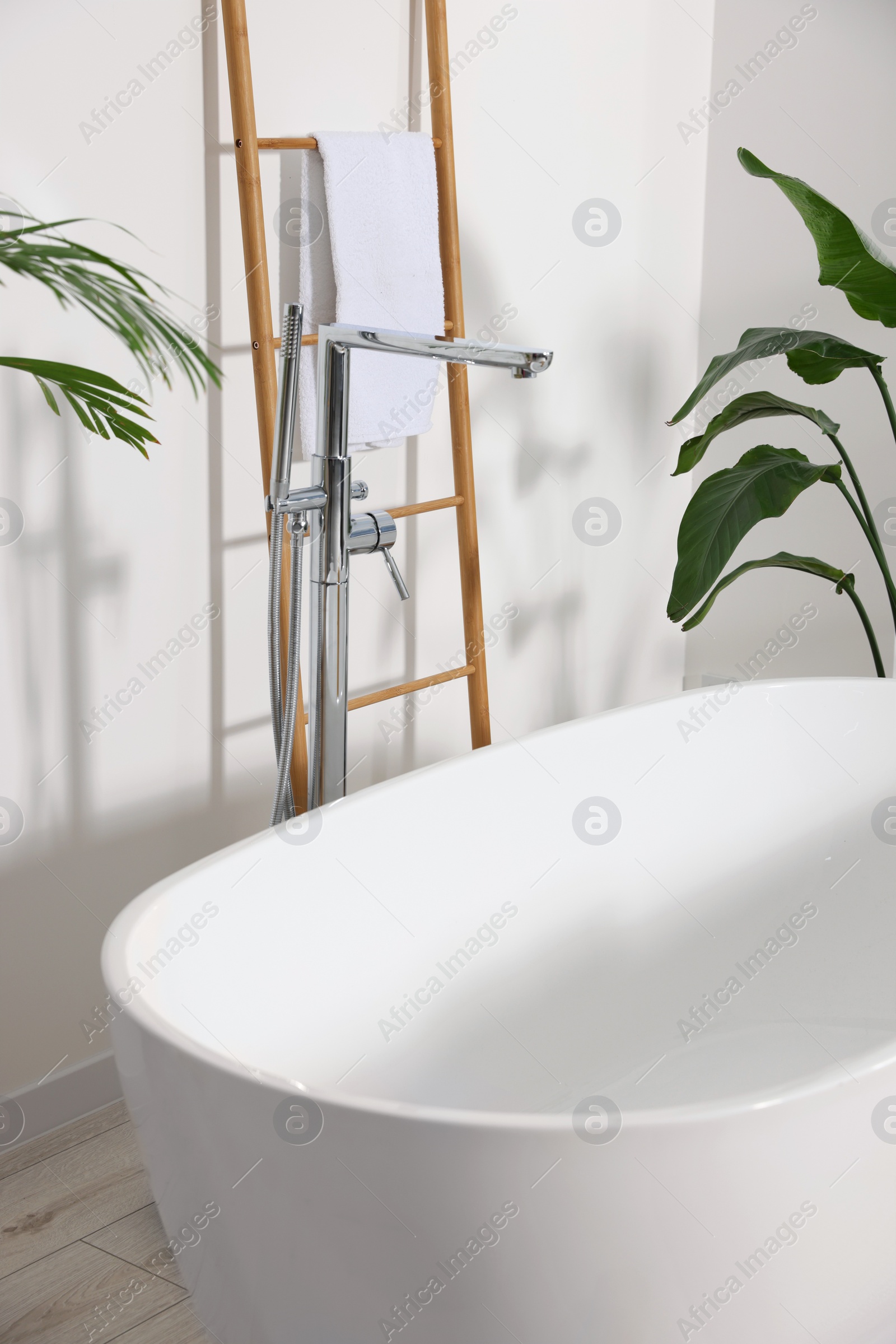 Photo of Stylish ceramic tub and beautiful houseplants in bathroom. Interior design