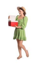 Happy young woman with plastic cool box isolated on white