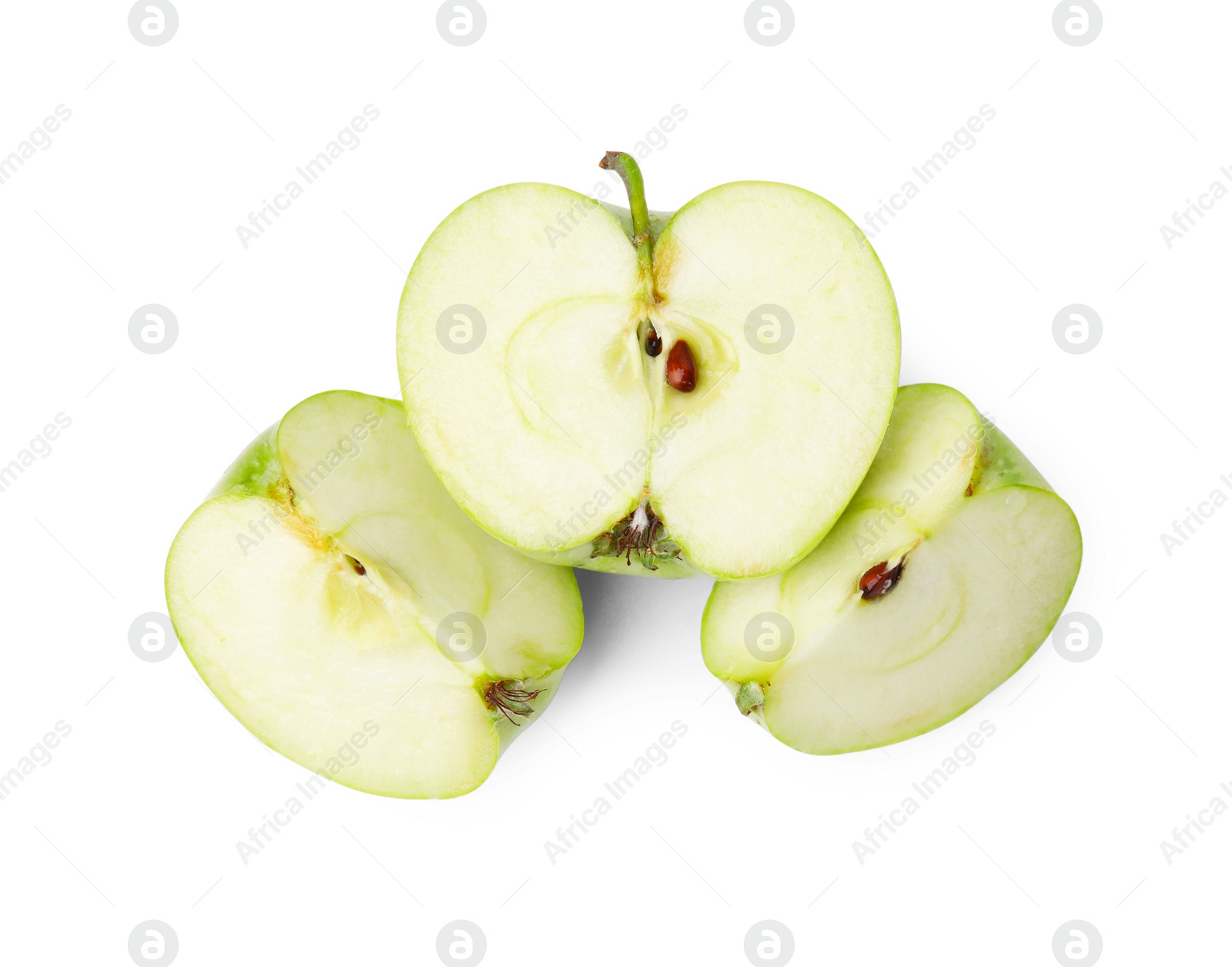 Photo of Pieces of ripe green apple isolated on white, top view