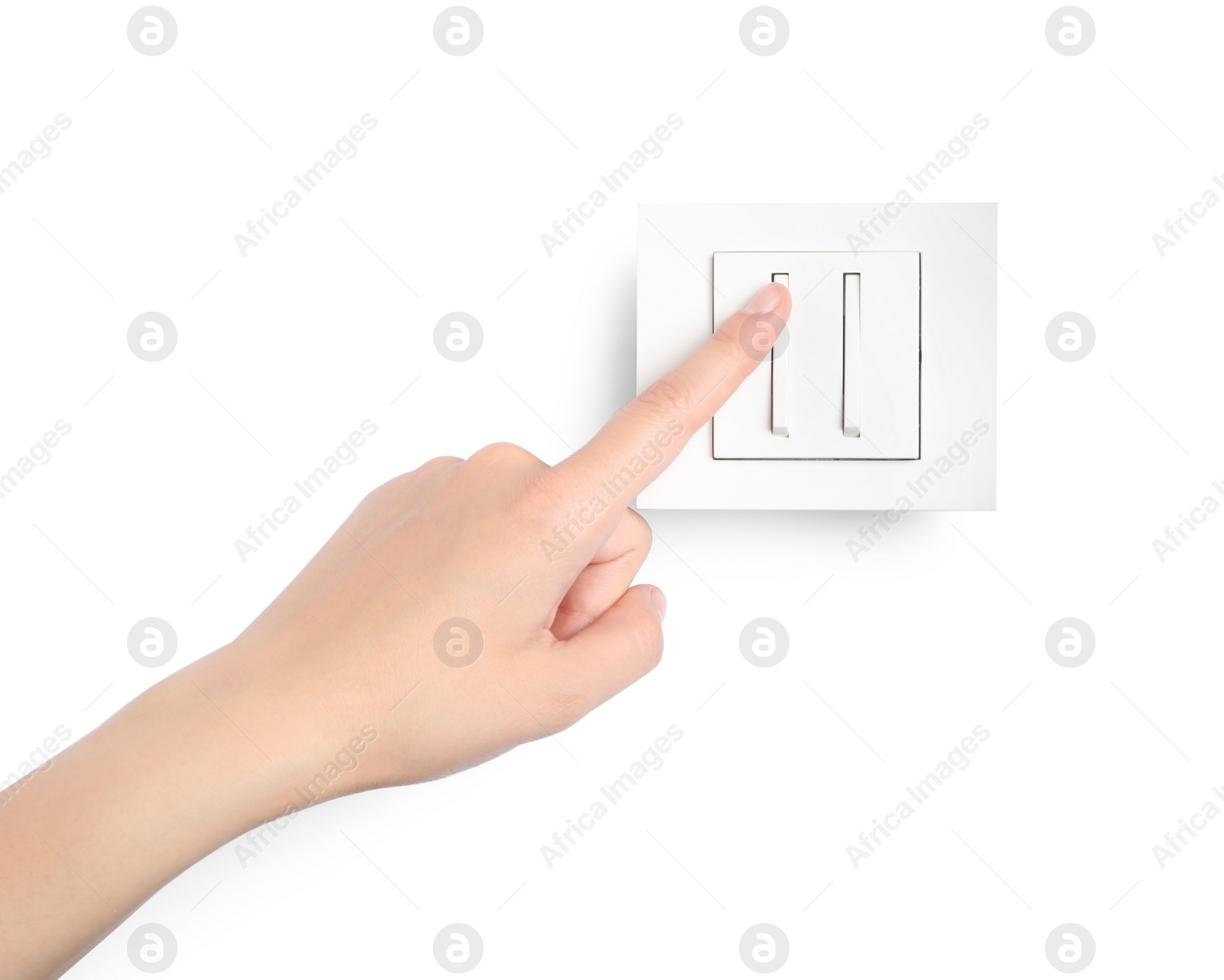 Photo of Woman pressing light switch on white background, closeup