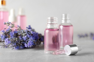 Bottles of essential oil and lavender flowers on stone table