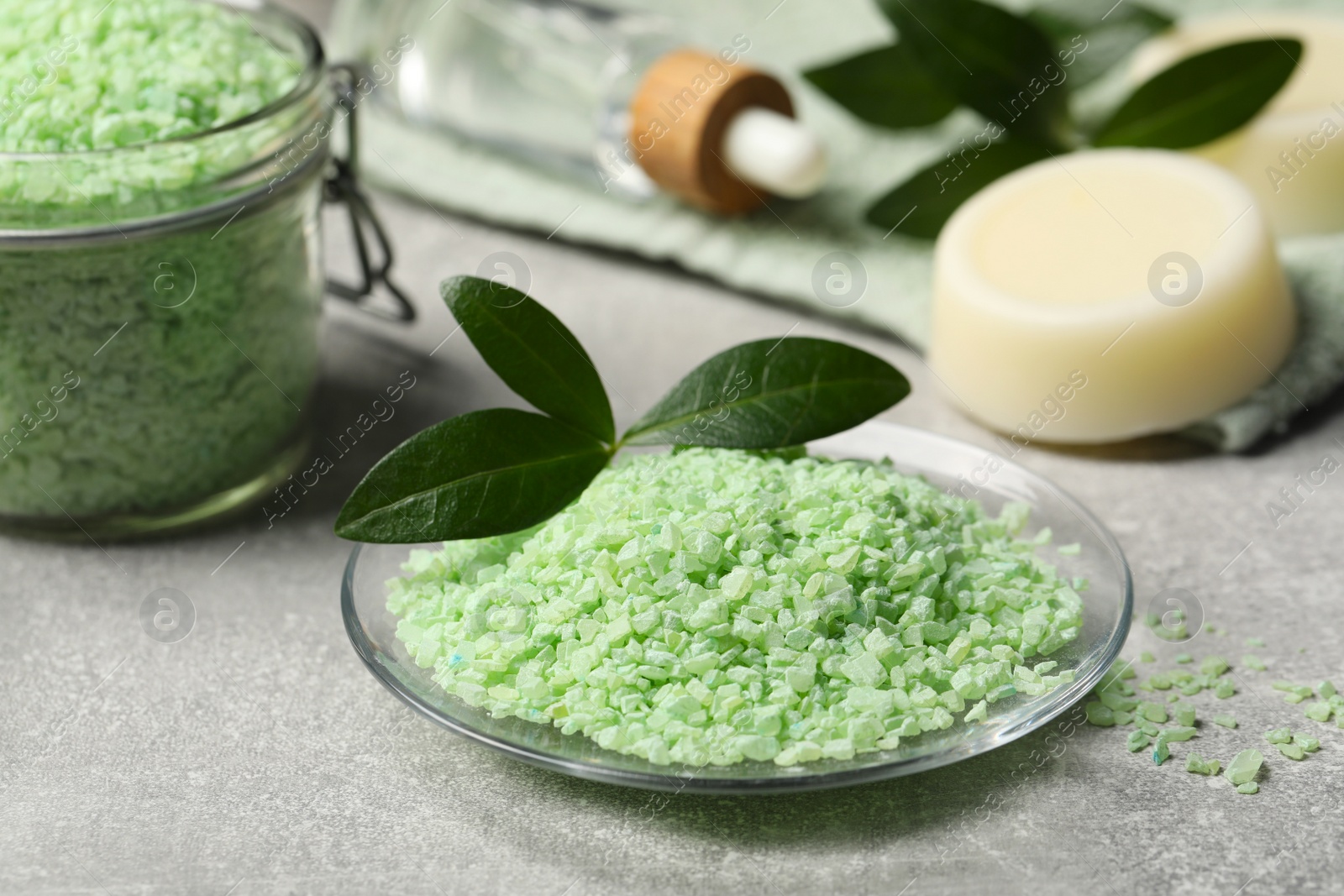 Photo of Glass plate and jar with natural sea salt, green leaves on light grey table