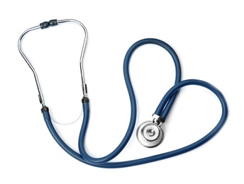 Photo of Stethoscope on white background, top view. Cardiology concept