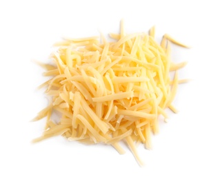 Photo of Heap of grated delicious cheese on white background