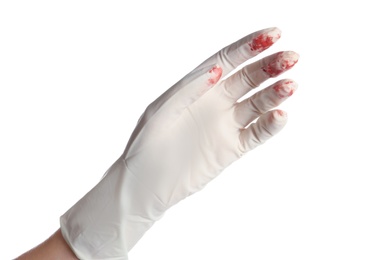 Photo of Doctor in medical glove with blood on white background