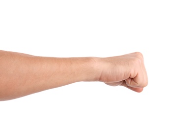 Man showing fist on white background, closeup of hand