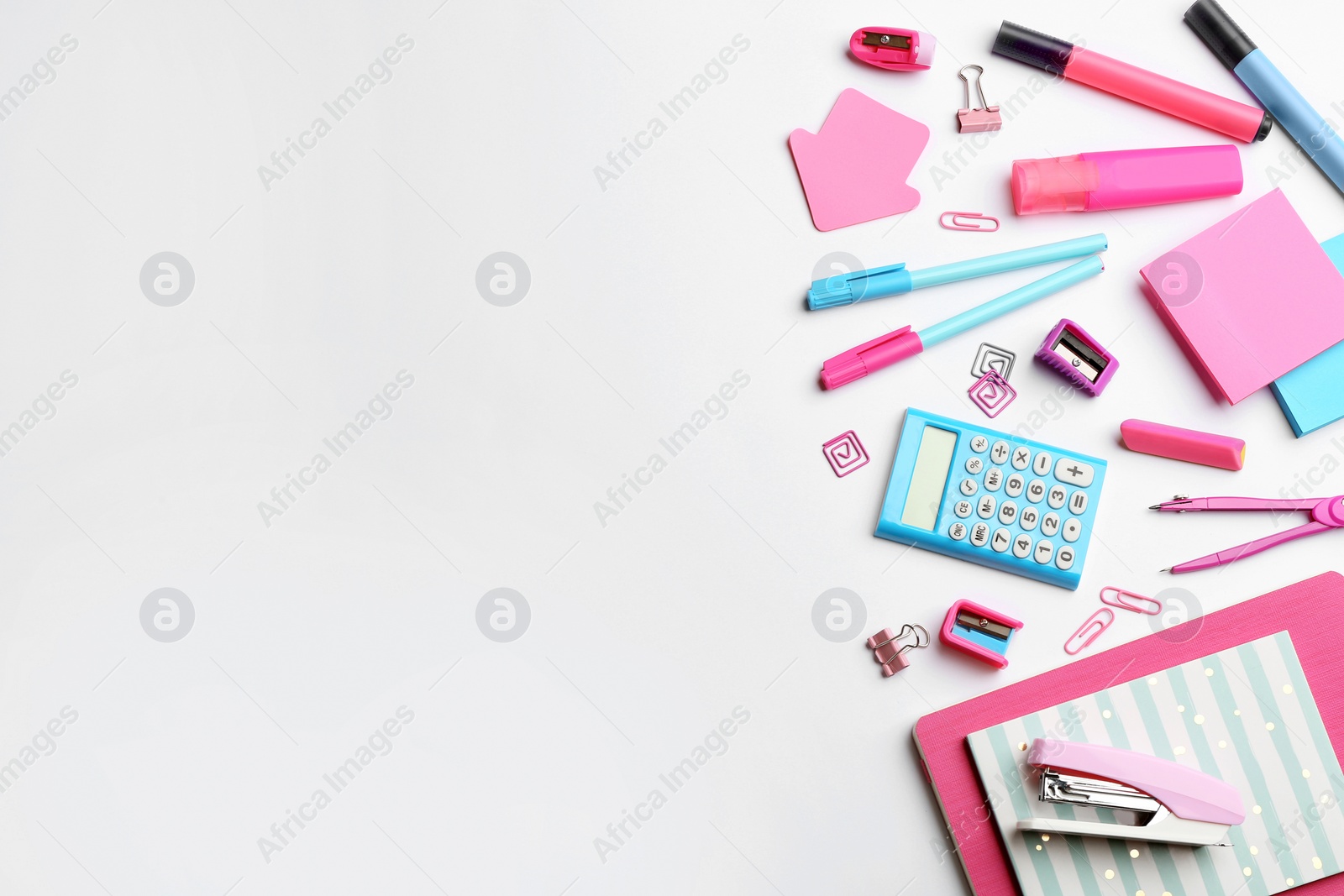 Photo of School stationery on white background, flat lay with space for text. Back to school