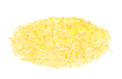 Photo of Grated cheese isolated on white. Layer for pizza