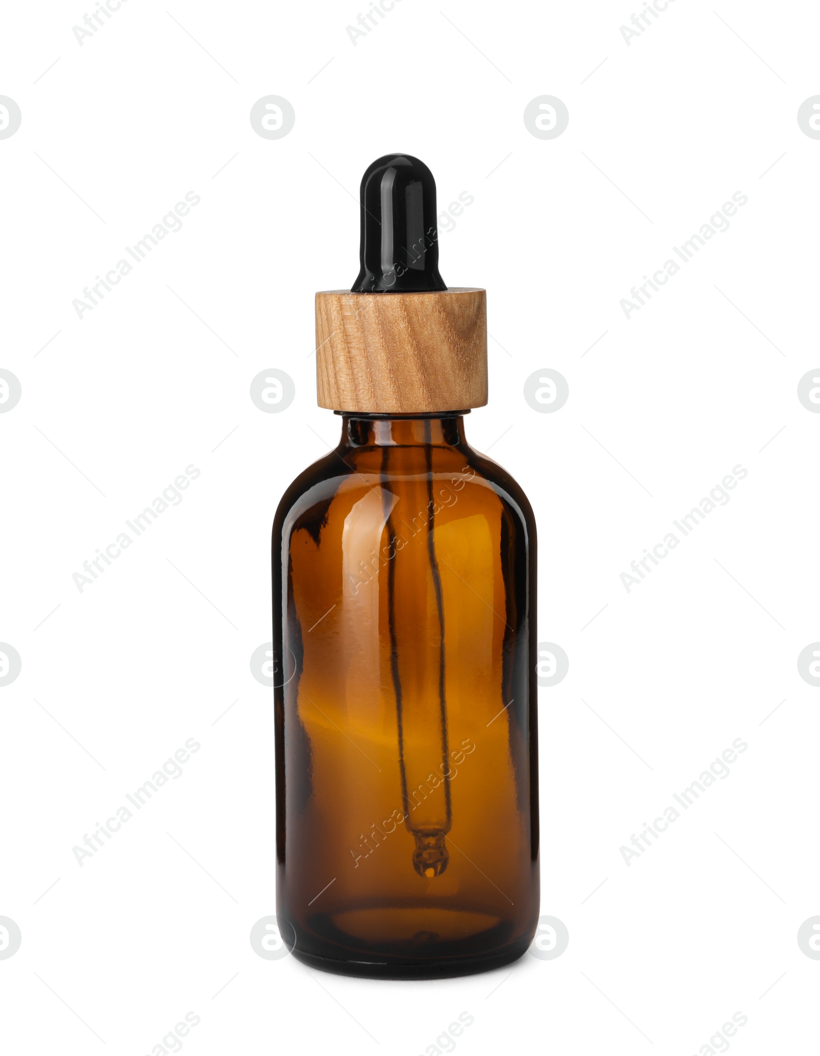 Photo of New empty glass bottle with dropper isolated on white