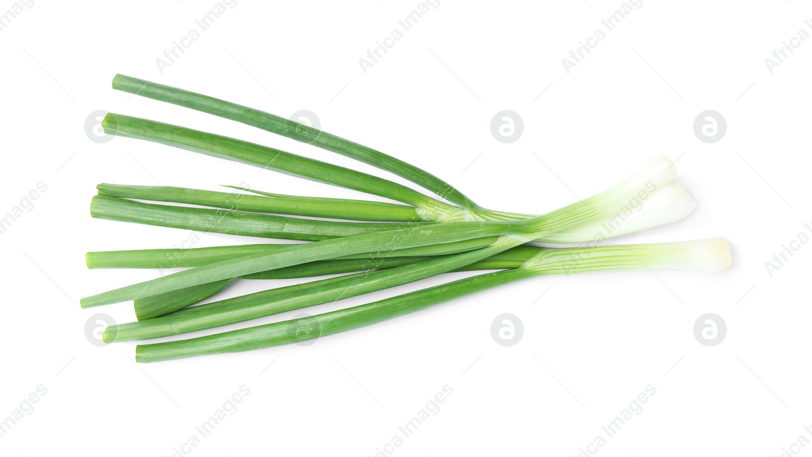 Photo of Fresh green spring onions isolated on white, top view