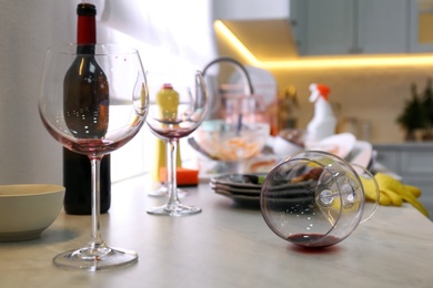 Photo of Dirty dishes in kitchen after new year party