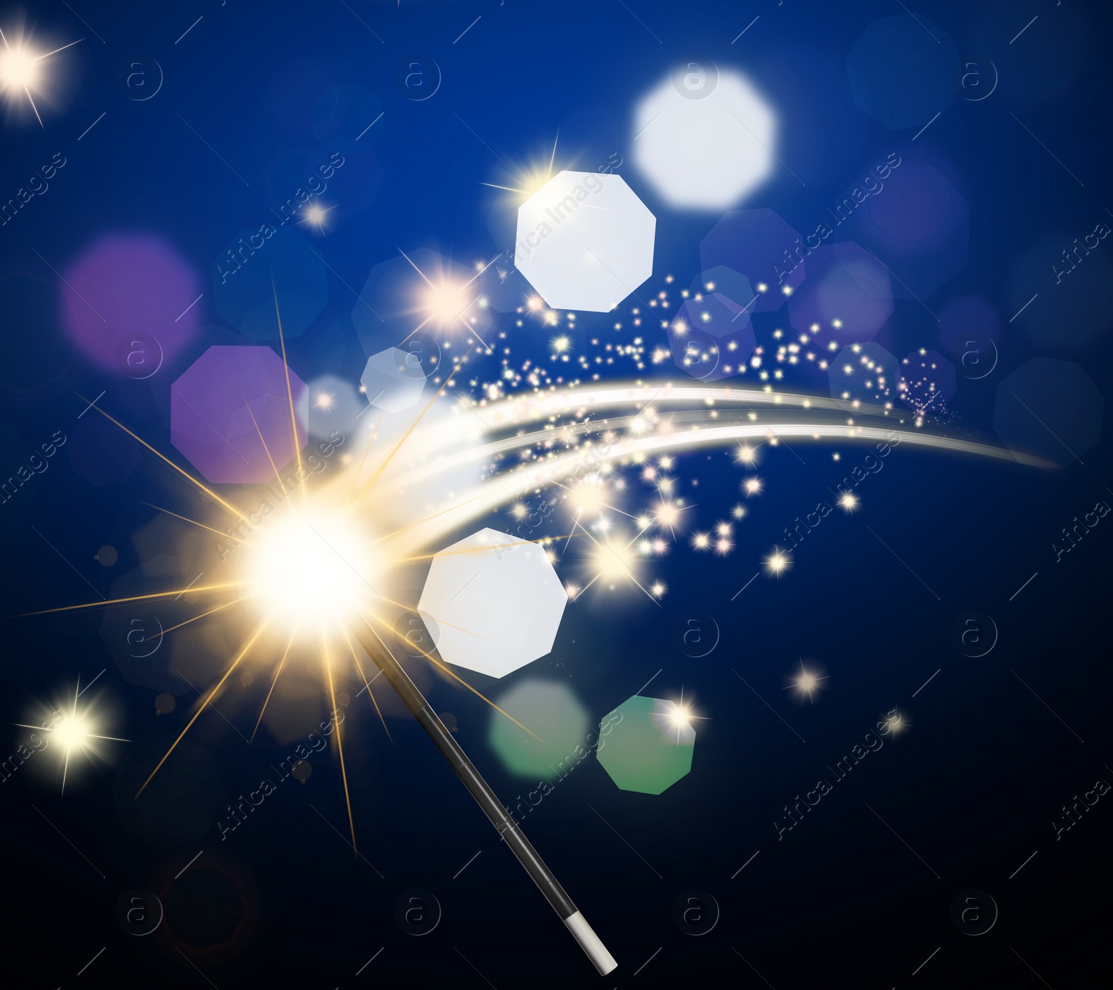 Image of Conjuring spell with magic wand on blue gradient background