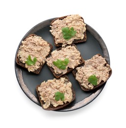 Photo of Tasty sandwiches with cod liver and parsley isolated on white, top view