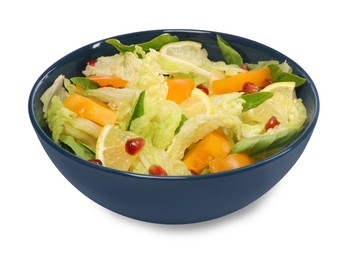 Delicious salad with Chinese cabbage, lemon, persimmon and pomegranate seeds isolated on white