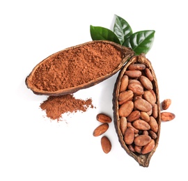 Photo of Composition with cocoa products on white background, top view