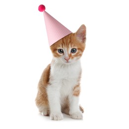 Image of Cute little kitten with party hat on white background