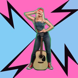 Pop art poster. Happy hippie woman with guitar showing peace sign on bright comic style background