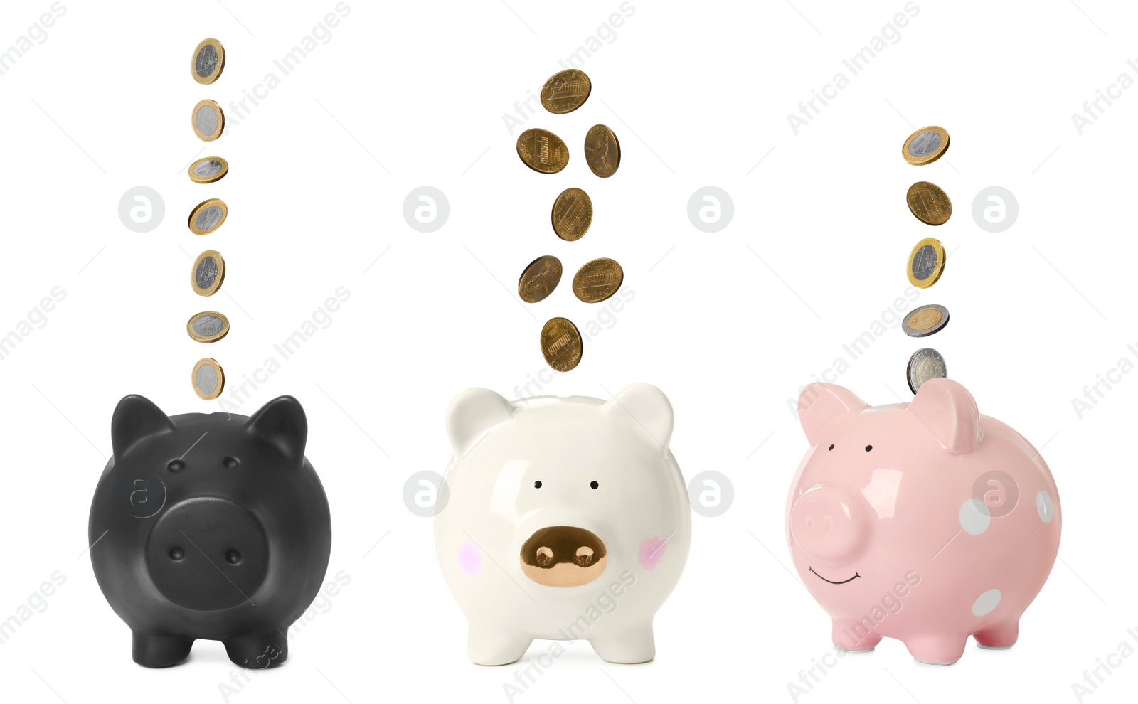 Image of Money falling into different piggy banks on white background